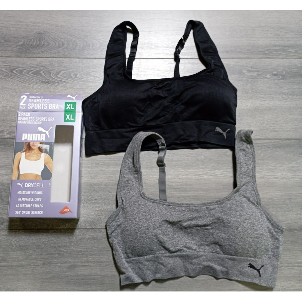 Puma Square Neck 2 Pack Seamless Sports Bra Womens XL Black Gray DryCell